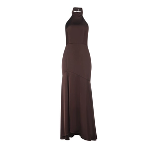 Detailed texture of brown satin fabric on a high-neck sleeveless evening maxi dress