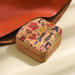 Square cork jewelry travel case with colorful folk fish and floral patterns