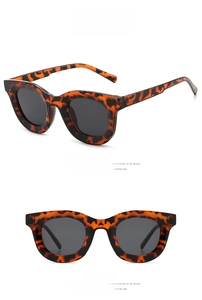 Detail view of leopard print sunglasses with gray lenses in a retro cat-eye style
