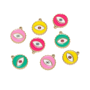 Detailed close-up of colorful round evil eye charms in assorted enamel finishes