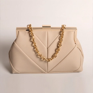 Elegant beige quilted evening bag with golden metal frame and thick chain handle