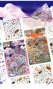 Detail of 2.5D miniature scene stickers showing furniture elements for journaling