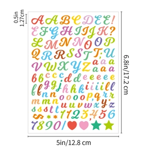 Close-up of 0.5-inch waterproof alphabet and number stickers with size measurement guide