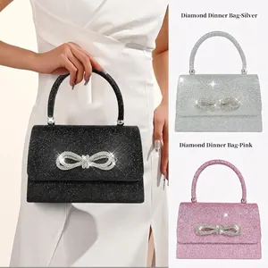 Rhinestone Bow Evening Bag Sparkly Glitter Sequin Handbag With Chain Strap Elegant Banquet Party Clutch For Women