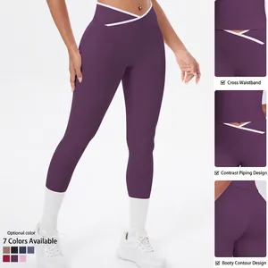 Pantalon de Yoga Croisé à Taille Haute pour Femmes Bloc de Couleur Coupe Ajustée Sport Entraînement Leggings en Nylon Élasthanne Bottom