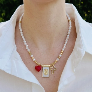 18K gold plated pearl necklace featuring religious Virgin Mary and cross charms on a model