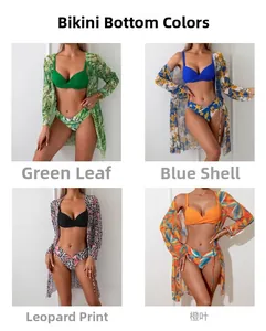 Three-piece bikini sets with matching long sleeve sheer cover-ups in four diverse prints