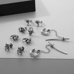 Hoop Stud Earrings Stainless Steel Skull Cross Sword Gothic Punk Rhinestone Jewelry For Unisex Antique Silver Retro