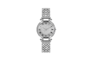 Macro shot of silver women watch with full diamond bezel and Roman numerals detail