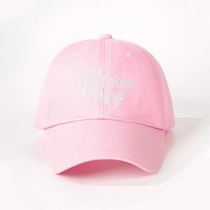 Pink cotton baseball cap with white Out Of Your League embroidery and adjustable strap