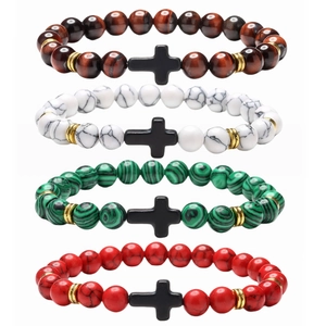 Bracciale con Perline Croce in Pietra Naturale per Uomo Donna Fatto a Mano Lava Occhio di Tigre Turchese Elastico Yoga Gioielli