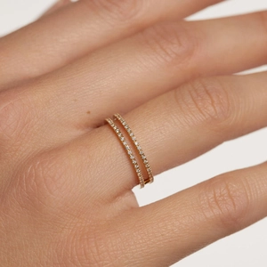Minimalist double-layered S925 sterling silver ring with full pavé diamond setting
