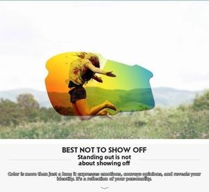 Detail view of sport sunglasses lens showing stylish sunset mountain landscape print