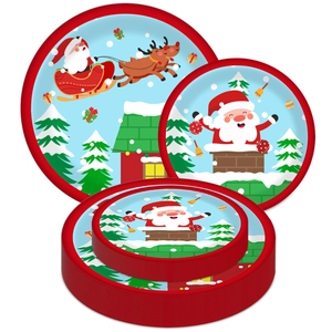 Assiettes de Noël en papier avec illustrations Père Noël et rennes de tailles variées