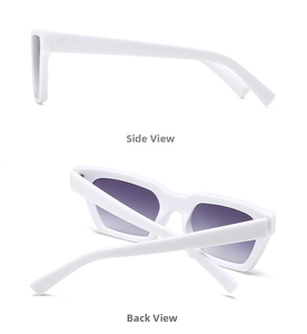 Detail view of white cat-eye sunglasses with purple gradient lenses showing side and back
