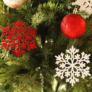 Christmas tree ornaments set featuring red glitter snowflakes and white openwork decor