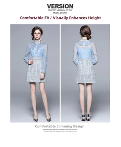 Front and back view of a blue tweed dress with lace embroidery and beaded collar