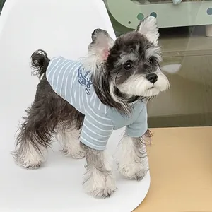 Breathable striped dog t-shirt in light blue cotton for small pets like Schnauzers