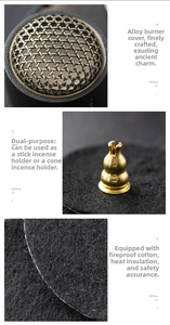 Detail view of alloy incense burner lid with brass gourd holder and fireproof cotton mat