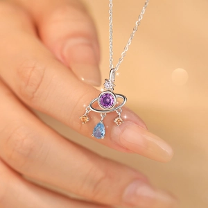 S925 sterling silver planet necklace with purple stone and blue teardrop pendant