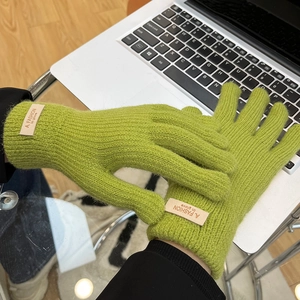 Lime green knitted winter gloves for women with touch screen design and leather tag