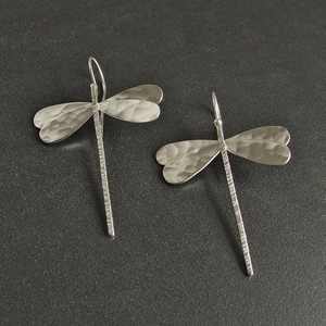 Exquisite silver dragonfly drop earrings with hammered texture and fishhook wires