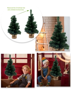 Detailed view of mini PVC Christmas tree with rustic burlap base and flexible branches