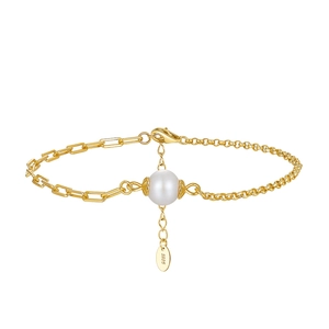 Elegant 925 sterling silver pearl bracelet with gold plating and adjustable chain
