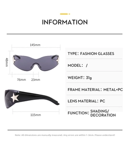 Detailed size specifications for Y2K star pilot sunglasses with 145mm frame width