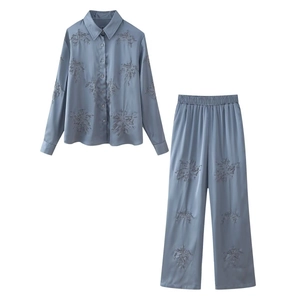Blue satin long-sleeve shirt and straight pants set with exquisite beaded embroidery