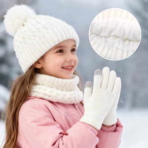 Kids winter set including fleece lined knit hat scarf and touchscreen gloves in white