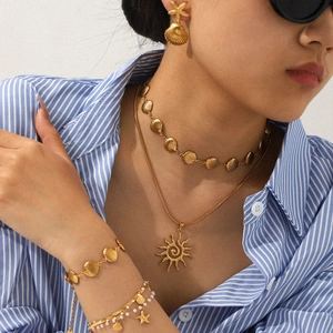 Acier Inoxydable Plaqué Or 18K Océan Coquillage Étoile De Mer Soleil Collier Bracelet Et Boucles D Oreilles Pour Femmes