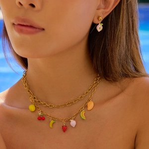 18K gold plated stainless steel fruit charm necklace with colorful enamel grapes and lemon