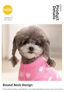 Detailed close-up of pink knit pet sweater with white polka dots and durable round neck