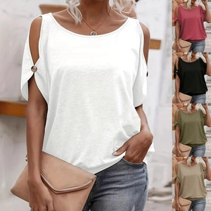 T-Shirt Femme Épaule Froide Manches Courtes Tricot Découpe Bouton Dos Lacé Ample Décontracté Élégant