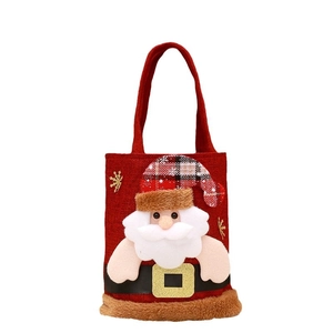 Sac cadeau de Noël rouge en toile de jute avec motif Père Noël 3D et bordure peluche