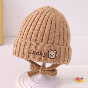 Detailed embroidery of lucky bear and knit texture on baby warm winter hat