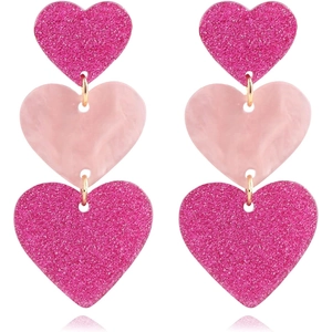 Summer hot pink geometric heart dangle earrings with glitter and acrylic resin finish