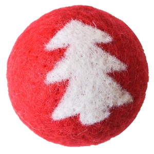 Handmade red wool felt Christmas ball ornament featuring a white festive tree pattern