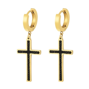 Golden titanium steel hoop earrings with black zircon inlaid cross pendants on white background