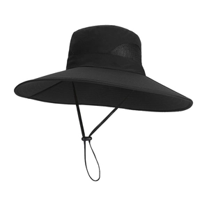Outdoor breathable wide brim sun hat with mesh side panels and adjustable windproof rope