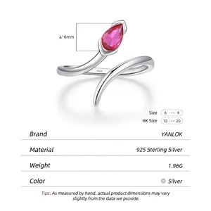 Retro S925 sterling silver snake ring with pear-cut red zircon and adjustable band