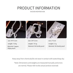 Size chart for French vintage pearl bow jewelry set showing necklaces and bracelets