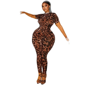 Slim fit leopard print short sleeve jumpsuit for women featuring long pants and street style