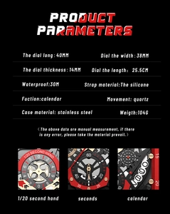 Detailed product specifications and dimensions for men's square quartz sport watch