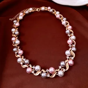 French vintage luxury necklace set with pink grey white pearls and sparkling crystals