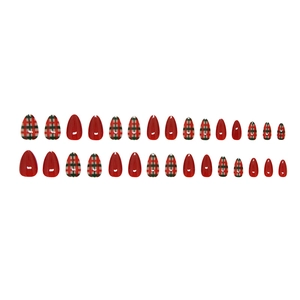 Faux ongles de Noël à motif écossais rouge et vert, forme amande pour femmes