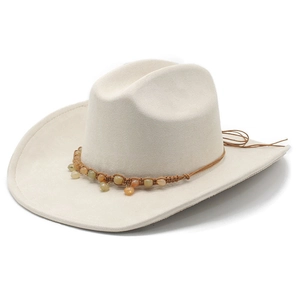 Wide brim cream felt cowboy hat with bohemian colorful beaded leather band