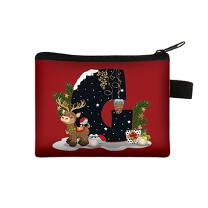 Christmas small coin purse with letter G, reindeer and festive patterns on red background