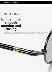 Detail showing the durable metal spring hinges on sleek black sunglasses for a smooth fit